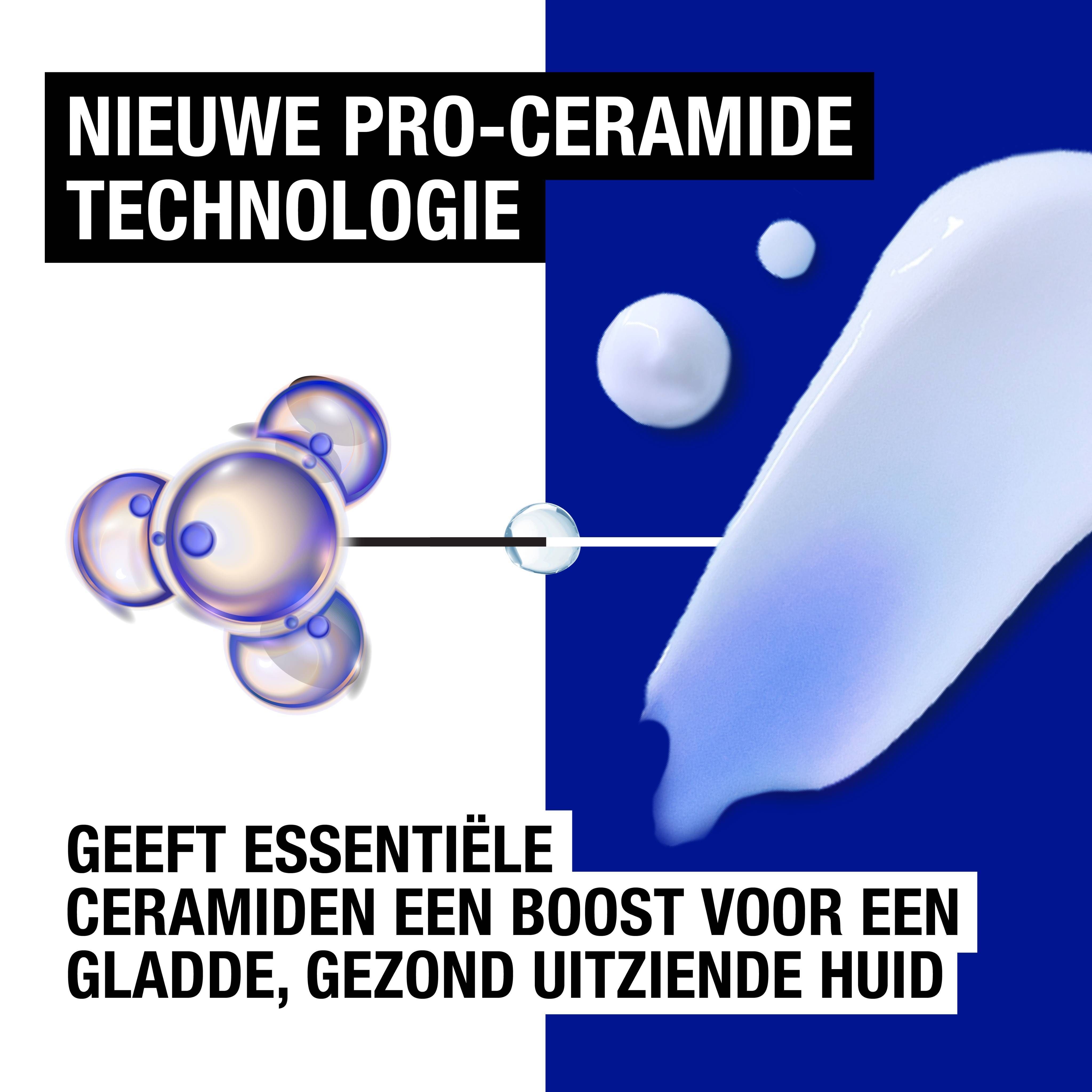 Grafiek: Nieuwe Pro-Ceramide technologie. Illustratie van moleculen en crème. Tekst: Voor een gladde, gezonde huid.