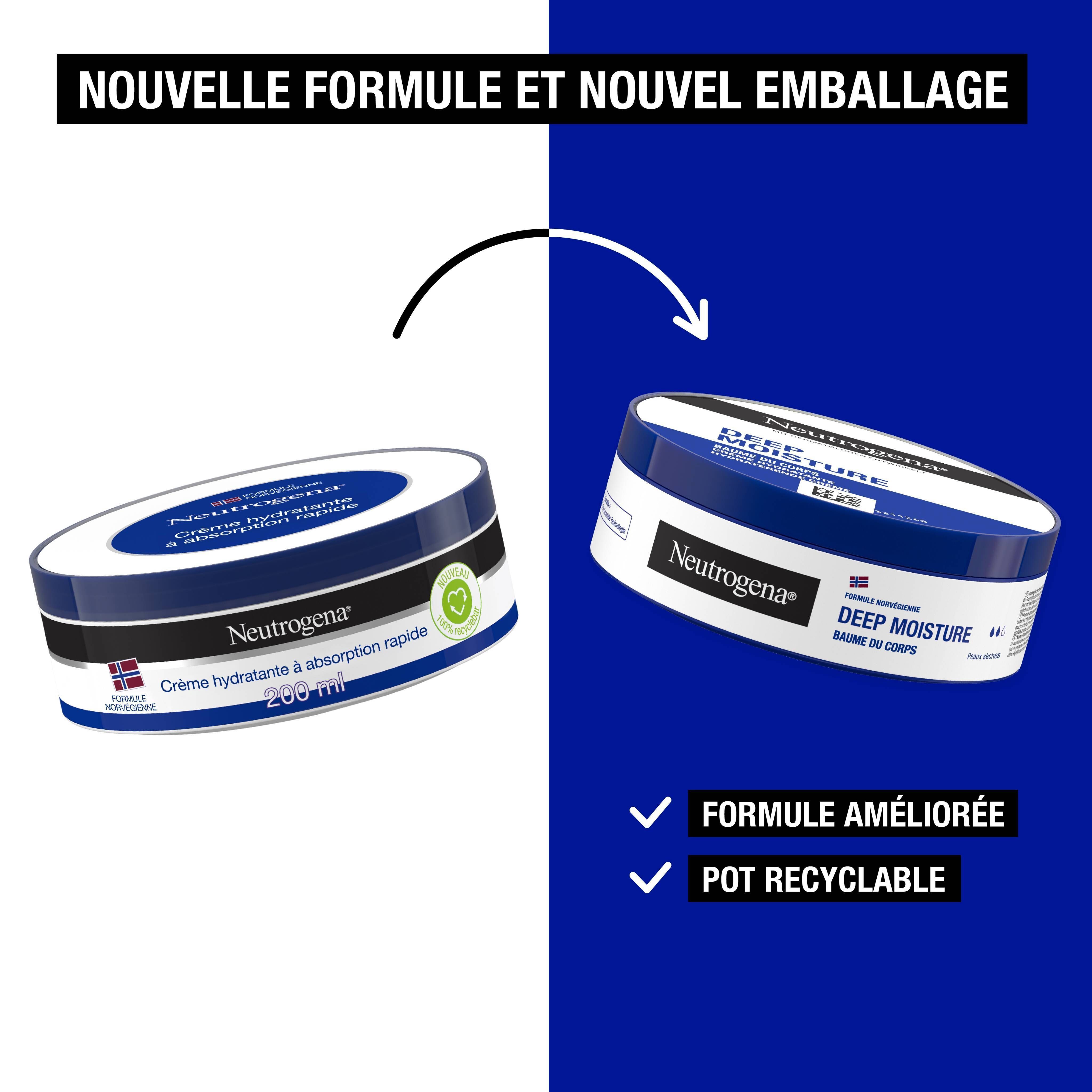 Comparaison d'emballages. Gauche : pot de crème. Droite : nouveau pot. Texte : Formule améliorée, pot recyclable.