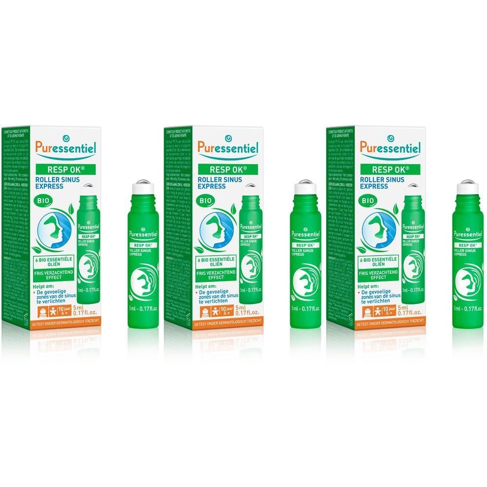 Drie groene roll-on flacons en verpakkingen. Op de verpakkingen staat "Puressentiel RESP OK Roller Sinus Express BIO".