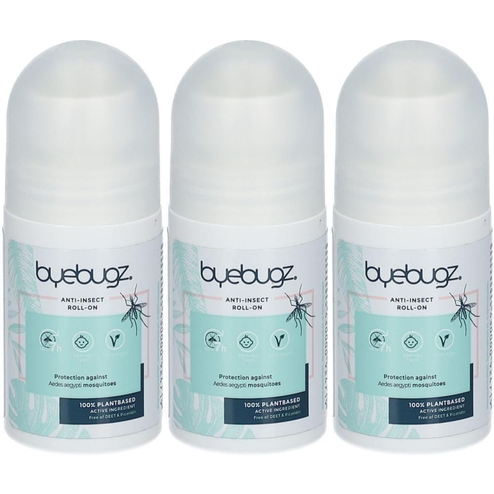 Drie ByeBugz anti-insecten roll-ons met witte dop en label met plantenmotief. 100% plantaardige actieve ingrediënten.