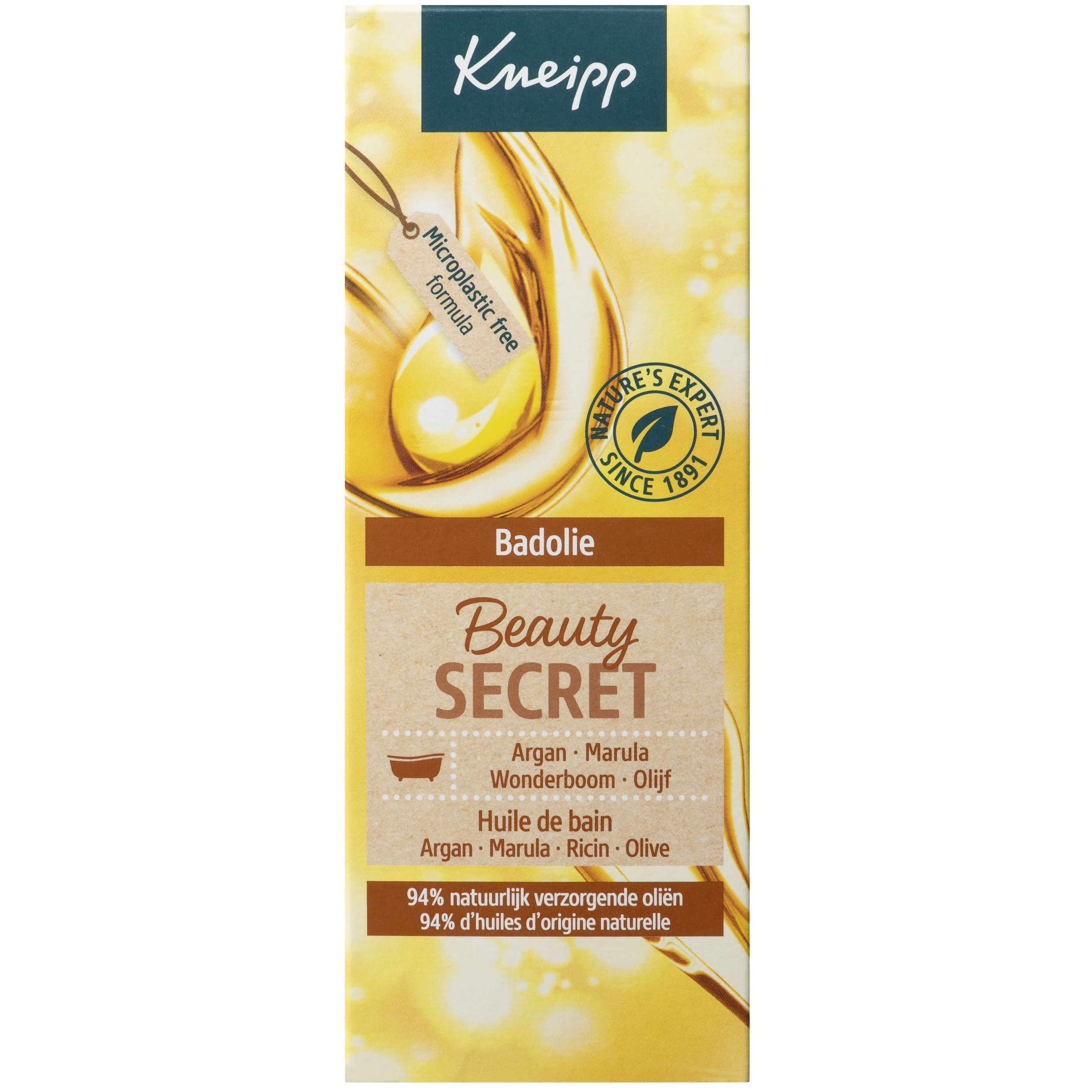 Emballage Kneipp Badolie Beauty Secret. Fond jaune avec gouttes d'huile. Texte : Badolie, Beauty Secret, Argan, Marula, Wonderboom, Olif.