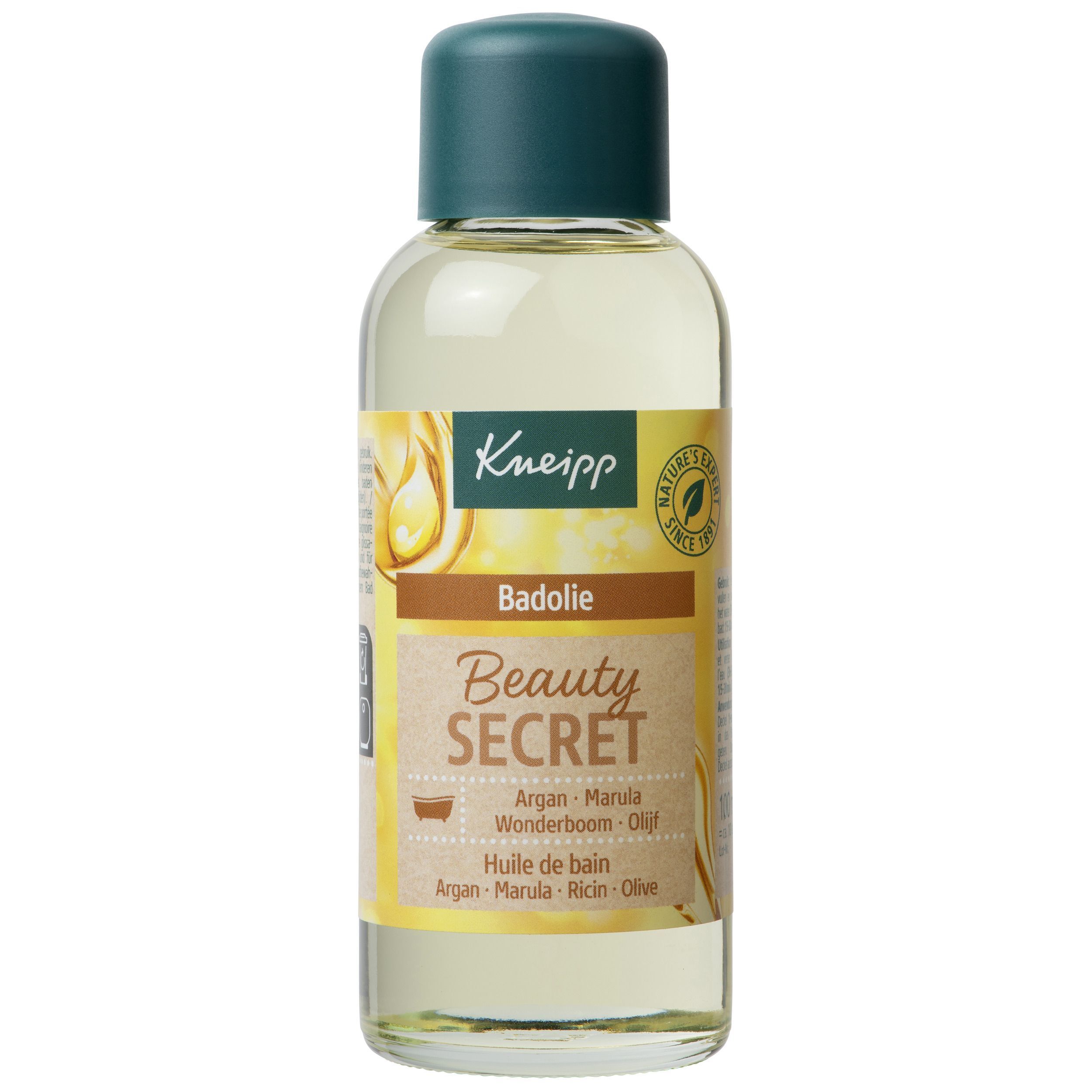 Flacon Kneipp Badolie Beauty Secret. Bouchon vert, liquide jaune. Texte : Badolie, Beauty Secret, Argan, Marula, Wonderboom, Olif.