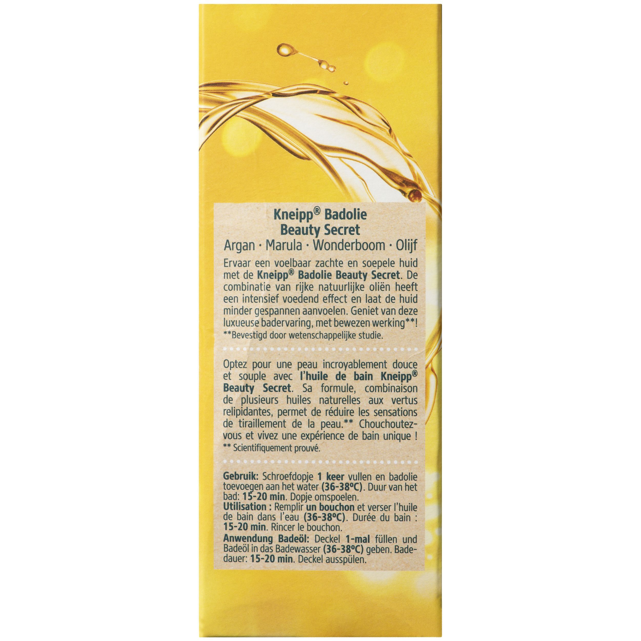 Dos de l'emballage Kneipp Badolie Beauty Secret. Fond jaune. Texte en plusieurs langues. Description du produit et mode d'emploi.