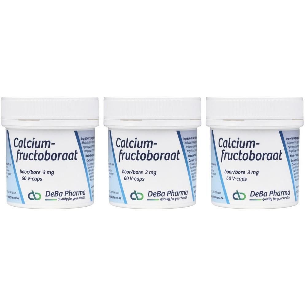 Trois pots blancs avec l'inscription Calcium-fructoboraat. Inscription : boor/bore 3 mg, 60 V-caps. Logo DeBa Pharma.