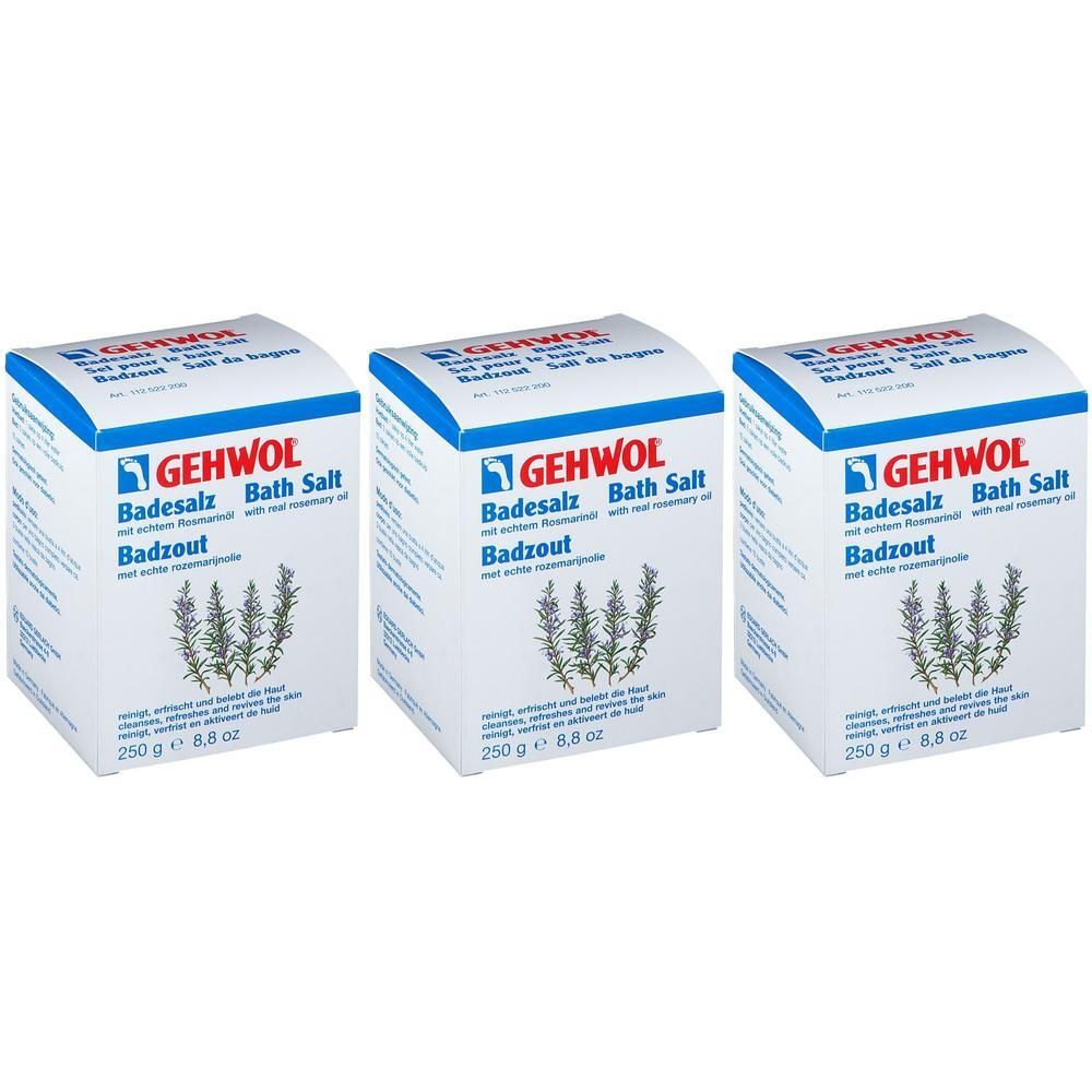 Drie witte dozen met blauw deksel. Opschrift: GEHWOL Badesalz Bath Salt Badzout. Afbeelding van rozemarijn takken. 250 g.