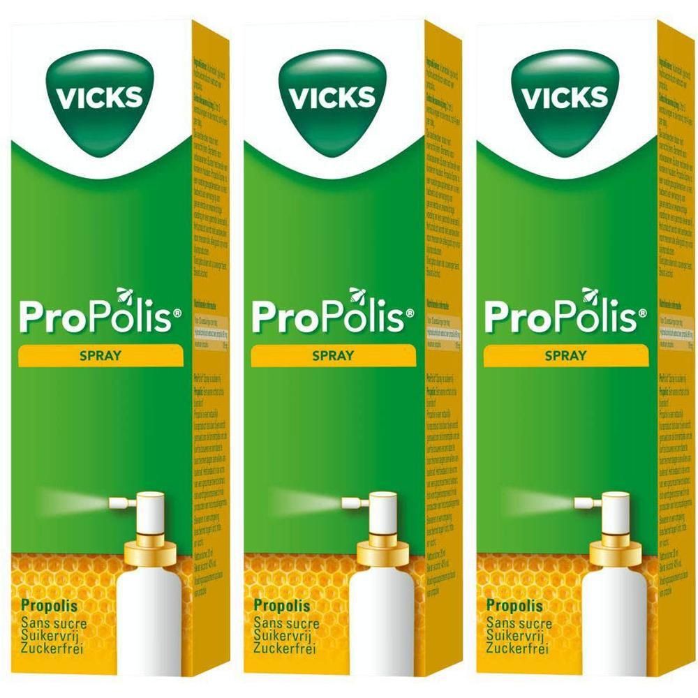 Drie verpakkingen Vicks ProPolis Spray. Groene verpakking met witte sprayfles. Suikervrij.