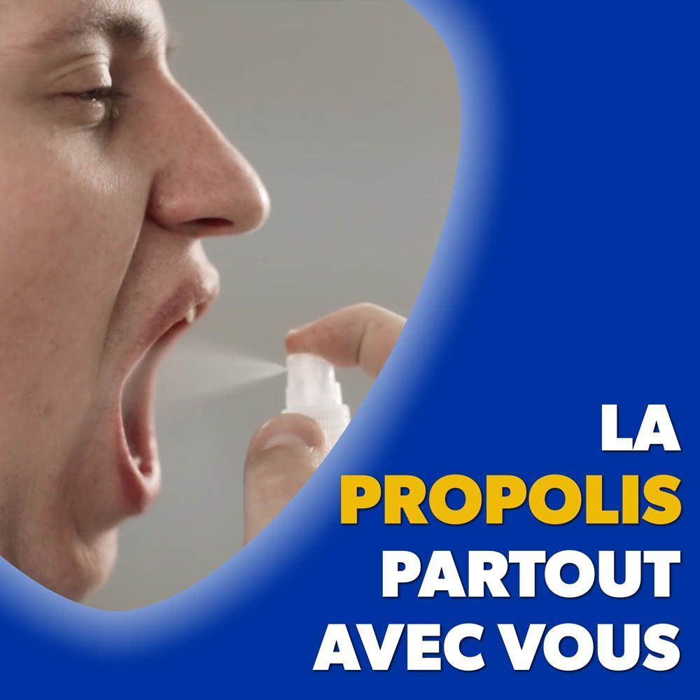 Homme vaporisant de la propolis dans la bouche. Texte: La Propolis partout avec vous.