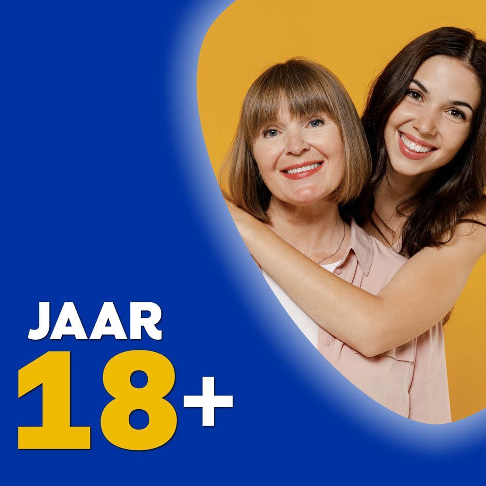 Twee lachende vrouwen. Tekst: JAAR 18+.