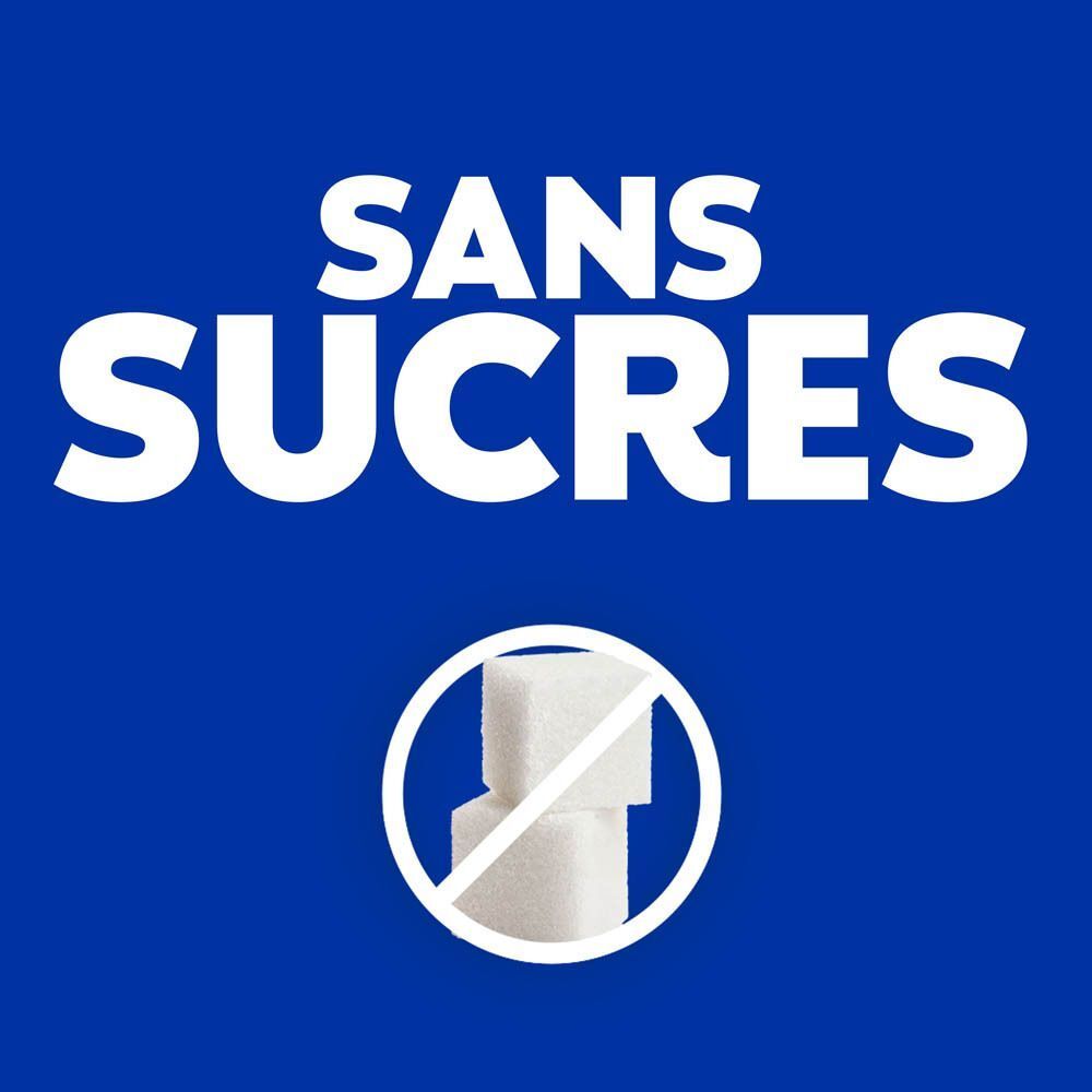 Deux cubes de sucre avec un symbole barré. Texte: SANS SUCRES.