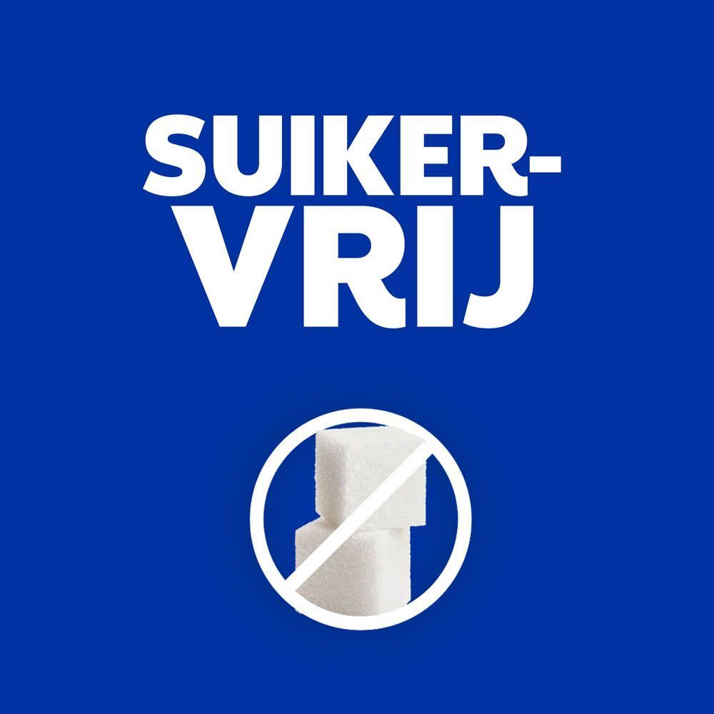 Twee suikerklontjes met een doorgestreept symbool. Tekst: SUIKERVRIJ.