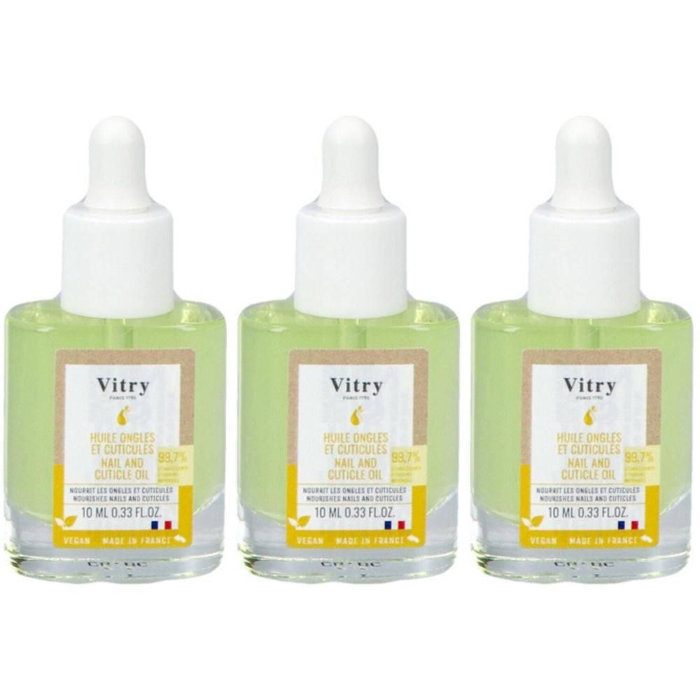 Drie flacons Vitry Huile Ongles et Cuticules. Glazen flacons met pipet en gele vloeistof. Etiket met productinformatie.