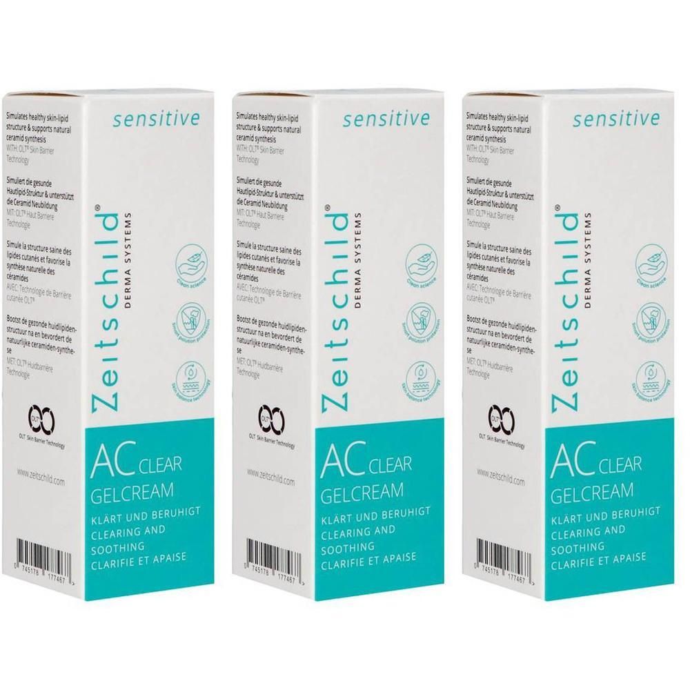 Drie dozen Zeitschild AC Clear gelcrème. Wit, met groene en blauwe tekst. Opschrift: Sensitive, Derma Systems.