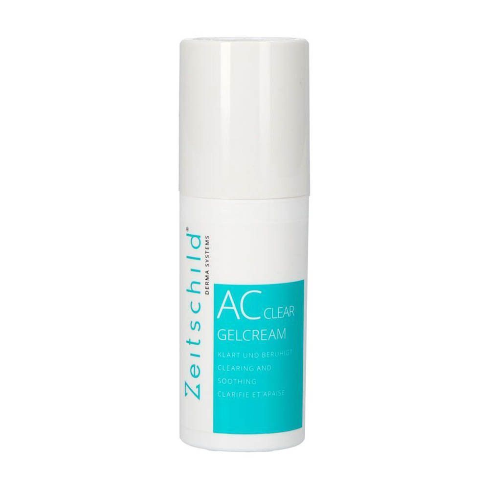 Flacon de gel-crème Zeitschild AC Clear. Distributeur blanc avec texte vert et bleu. Inscription : Sensitive, Derma Systems.