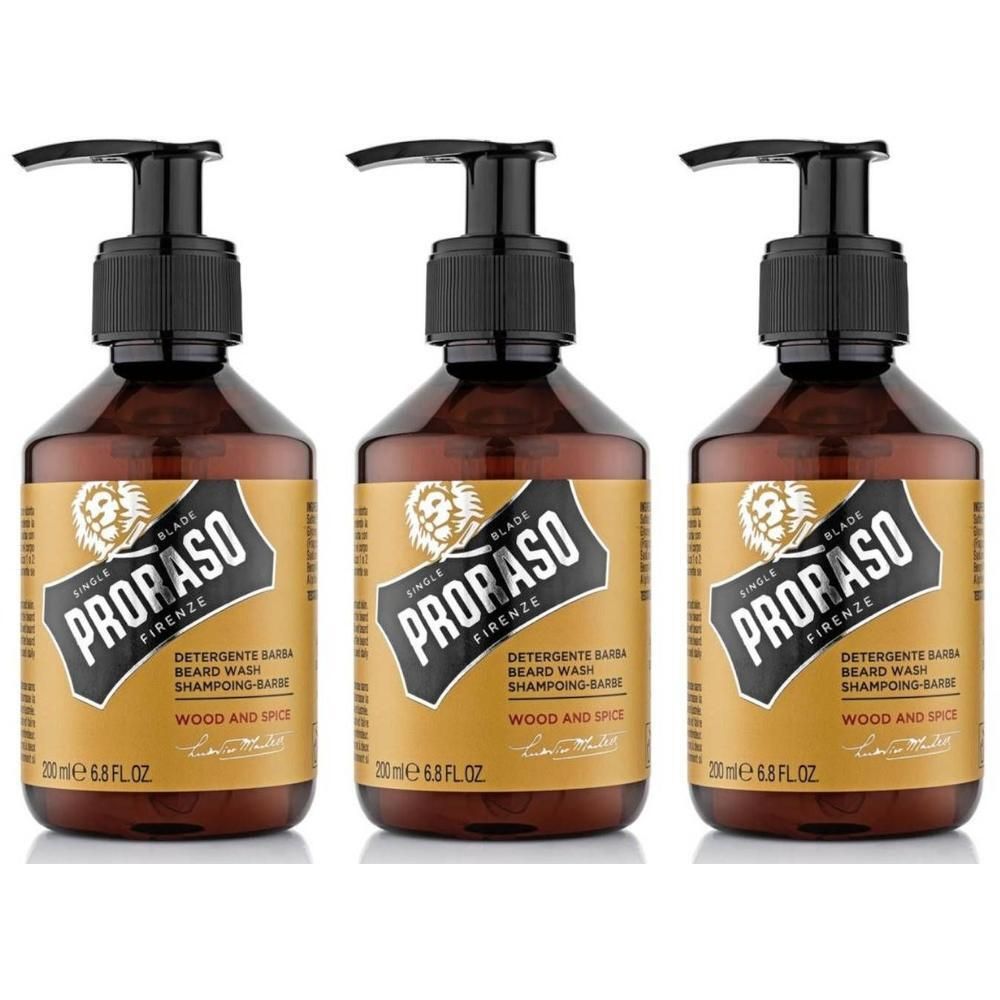 Trois flacons bruns avec pompes noires. Étiquettes avec "Proraso Firenze", "Wood and Spice" et "Beard Wash".
