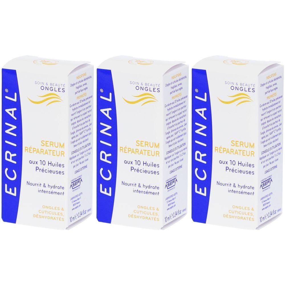 Drie witte dozen met blauwe streep. Tekst: ECRINAL, Sérum Réparateur aux 10 Huiles Précieuses. Voor nagels en uitgedroogde nagelriemen.