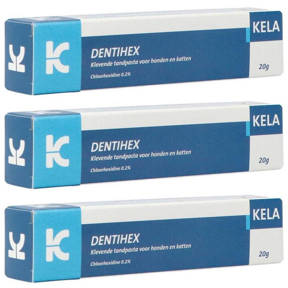 Trois tubes de dentifrice Dentihex. Emballage bleu et blanc avec texte. Marque KELA. Contient 20g. Pour chiens et chats.