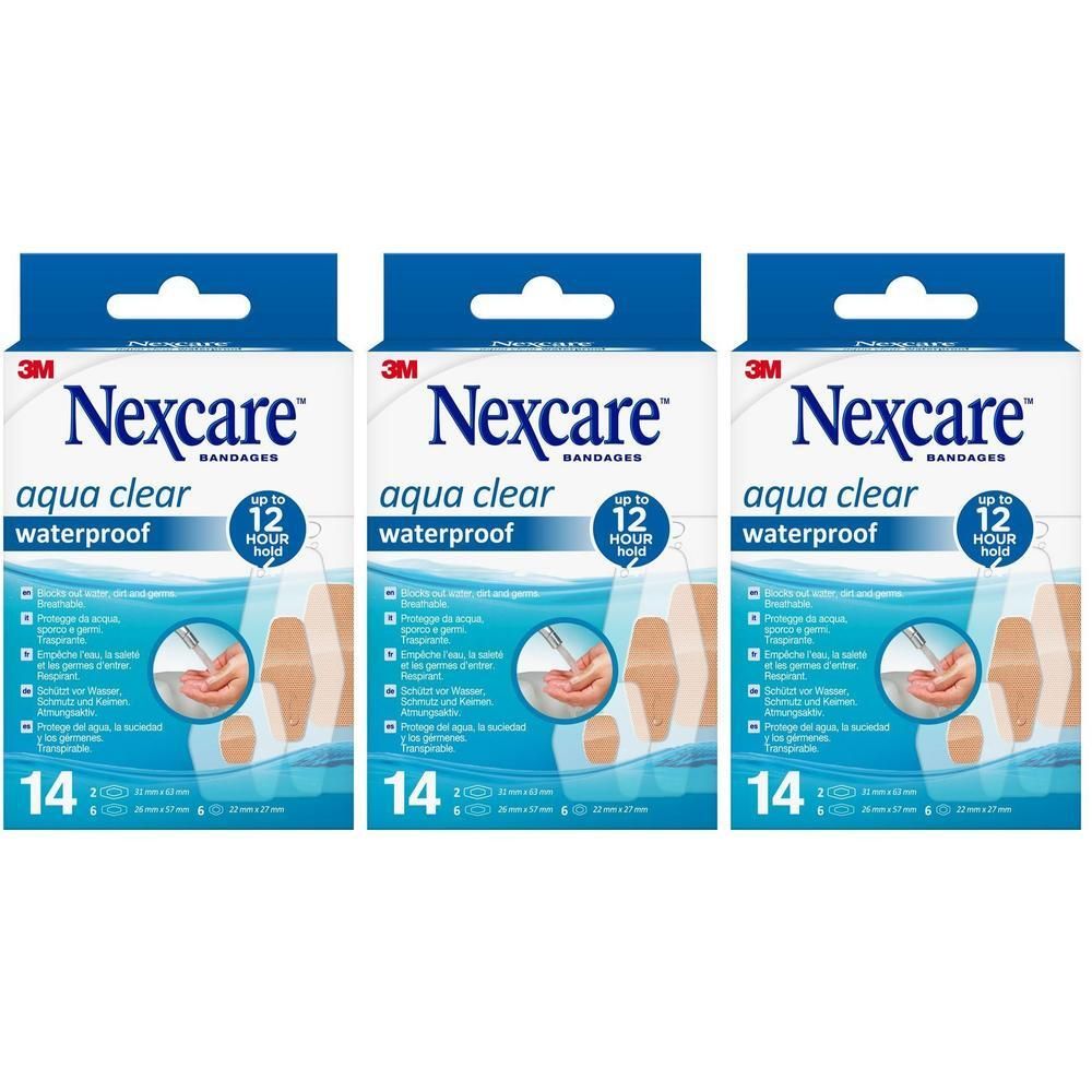 Drie dozen Nexcare Aqua Clear pleisters. Blauwe verpakking met productnaam en 14 pleisters.