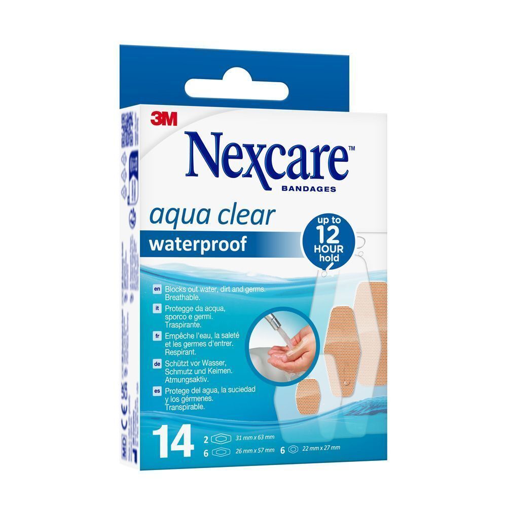 Nexcare Aqua Clear pleisterverpakking. Blauwe verpakking met productnaam en 14 pleisters.