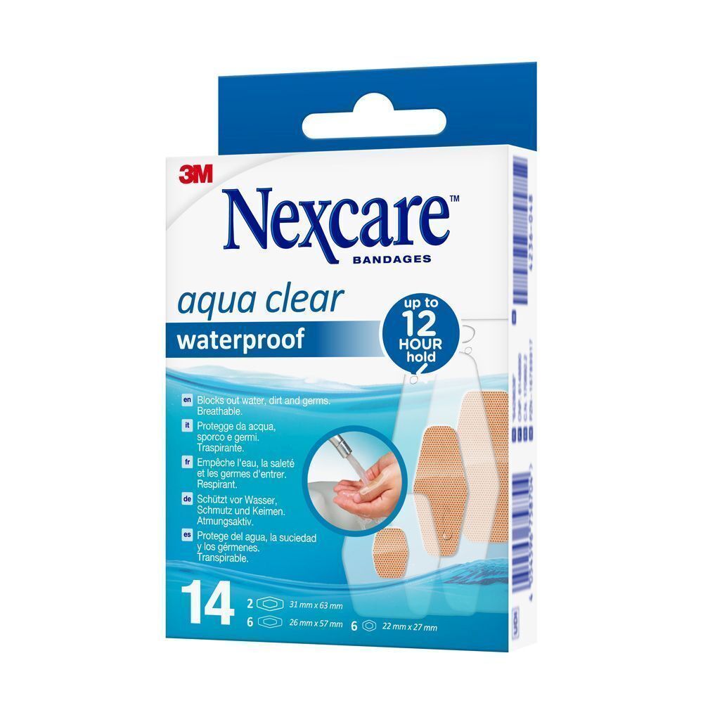 Boîte de pansements Nexcare Aqua Clear. Emballage bleu avec nom du produit et 14 pansements.