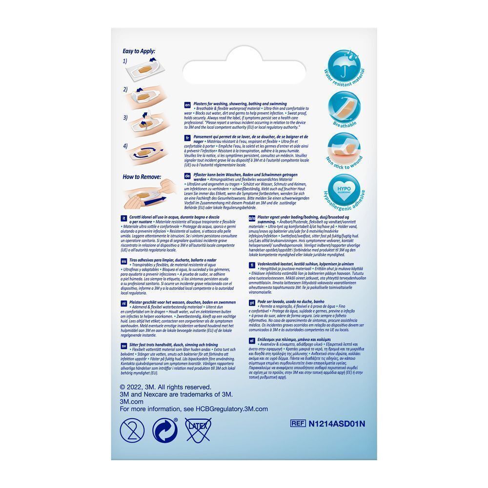 Dos de la boîte de pansements Nexcare Aqua Clear. Instructions et informations en plusieurs langues.
