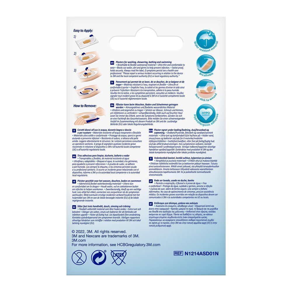 Achterkant van de Nexcare Aqua Clear pleisterverpakking. Instructies en informatie in meerdere talen.