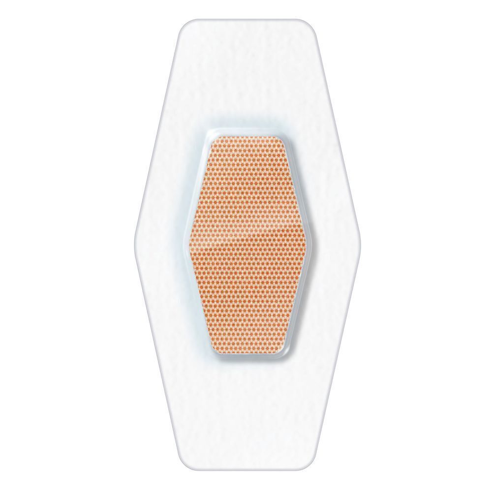 Un pansement transparent unique avec une zone centrale hexagonale marron.