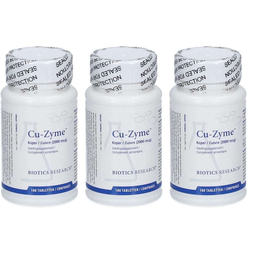 Trois flacons blancs de Cu-Zyme. Chaque flacon porte la mention « Biotics Research » et « 100 Tabletten/Comprimés ».