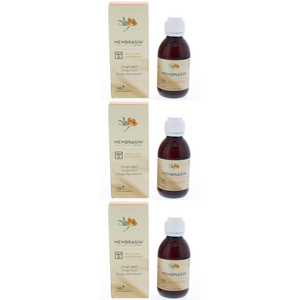 Trois flacons et emballages. Flacons avec bouchon blanc, liquide brun. Emballages avec inscription Membrasin.