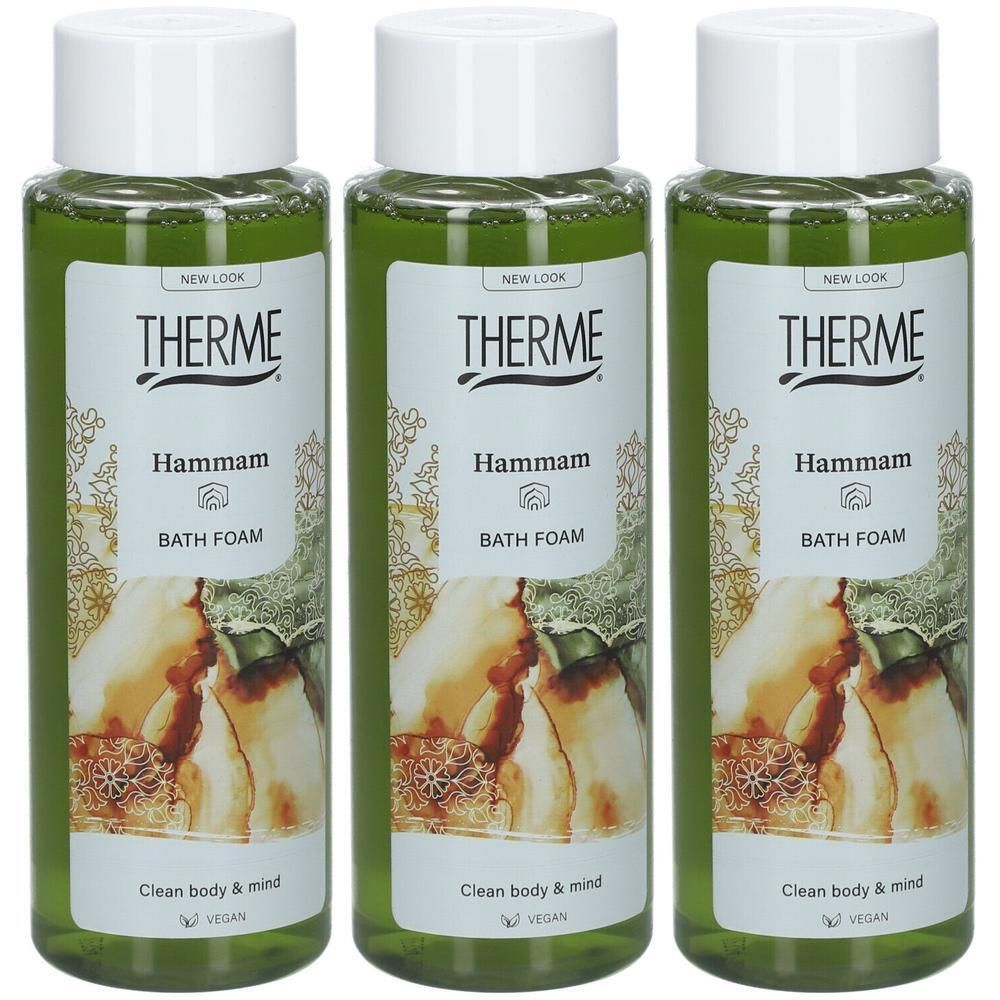 Drie flessen THERME Hammam badschuim. Witte doppen, groene vloeistof. Opschrift: THERME, Hammam, BATH FOAM, Clean body & mind, VEGAN.