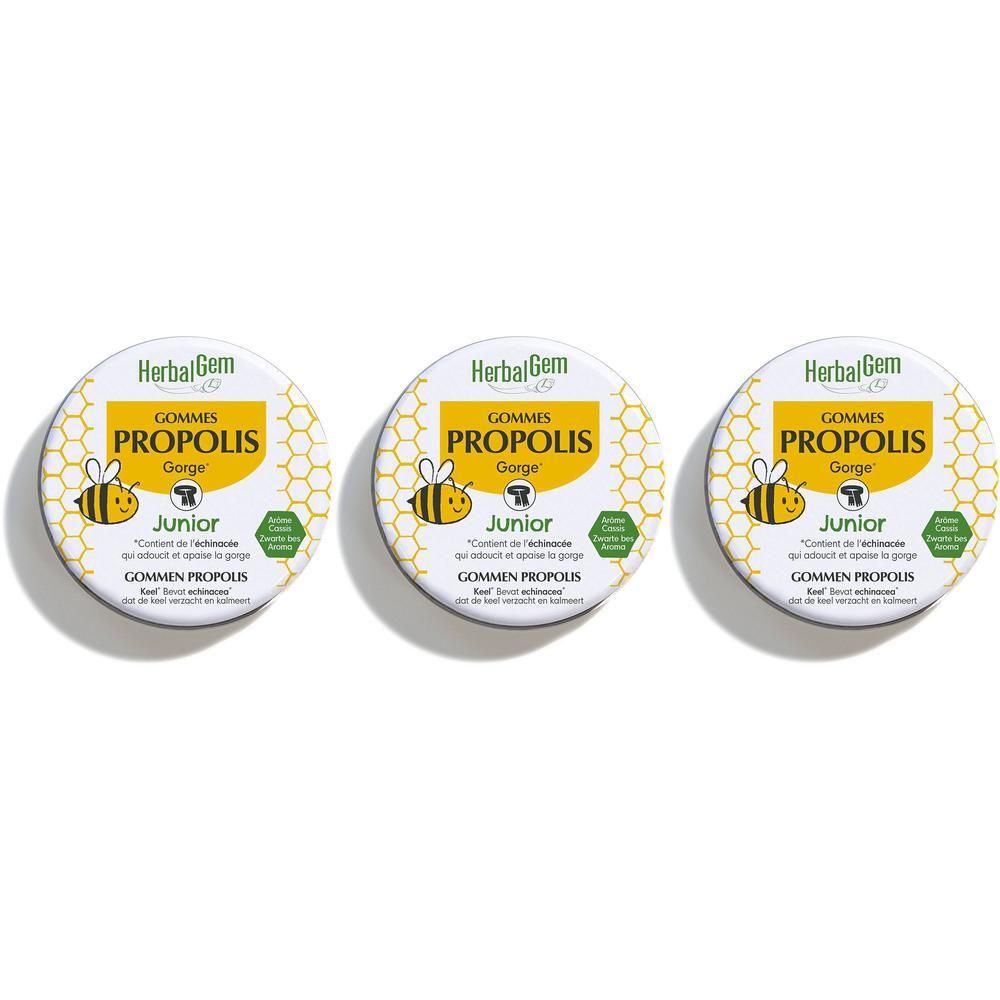 Trois boîtes rondes HerbalGem Propolis Junior Bio Gommes Gorge. Étiquette jaune et blanche avec texte et illustration d'abeille.