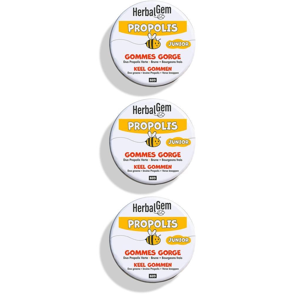 Drie ronde blikken HerbalGem Propolis Junior Bio Gommes Gorge. Geel-wit etiket met tekst en bijenillustratie.