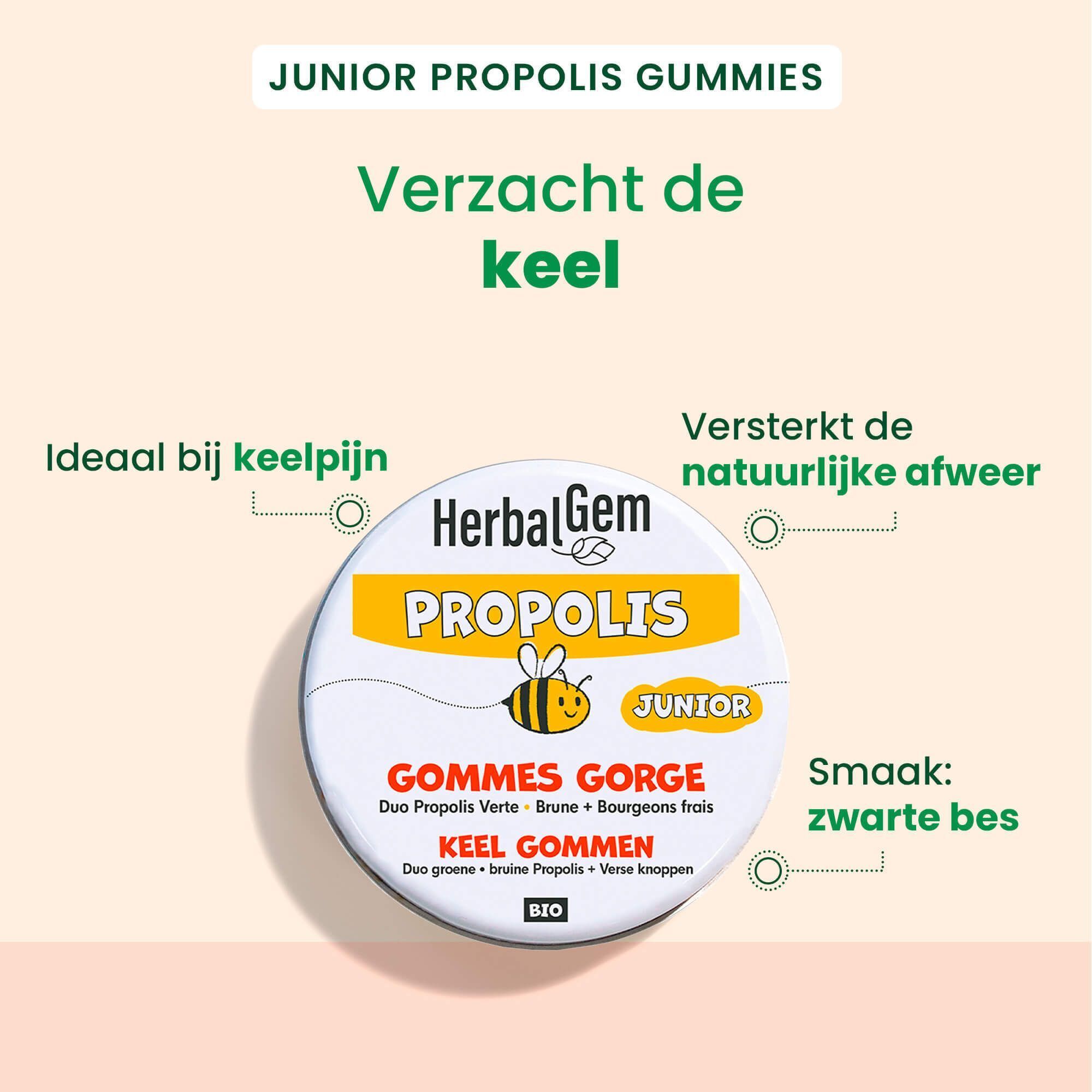 Drie ronde blikken HerbalGem Propolis Junior Bio Gommes Gorge. Geel-wit etiket met tekst en bijenillustratie.