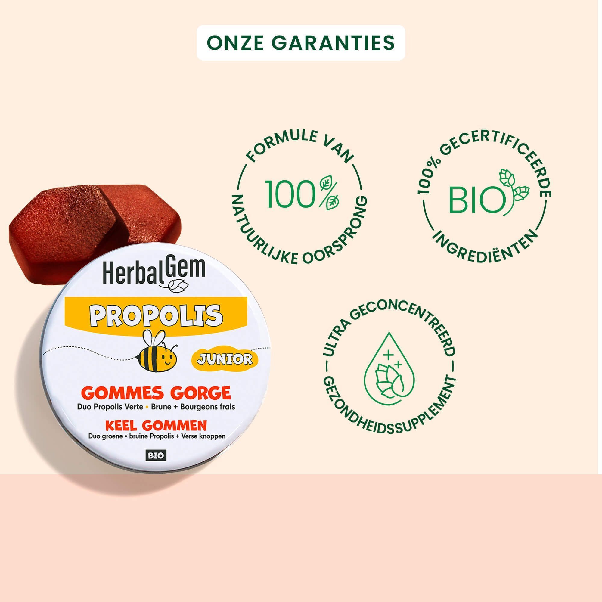 Ronde blik HerbalGem Propolis Junior Bio Gommes Gorge. Geel-wit etiket met tekst en bijenillustratie. Tekst in het Nederlands.