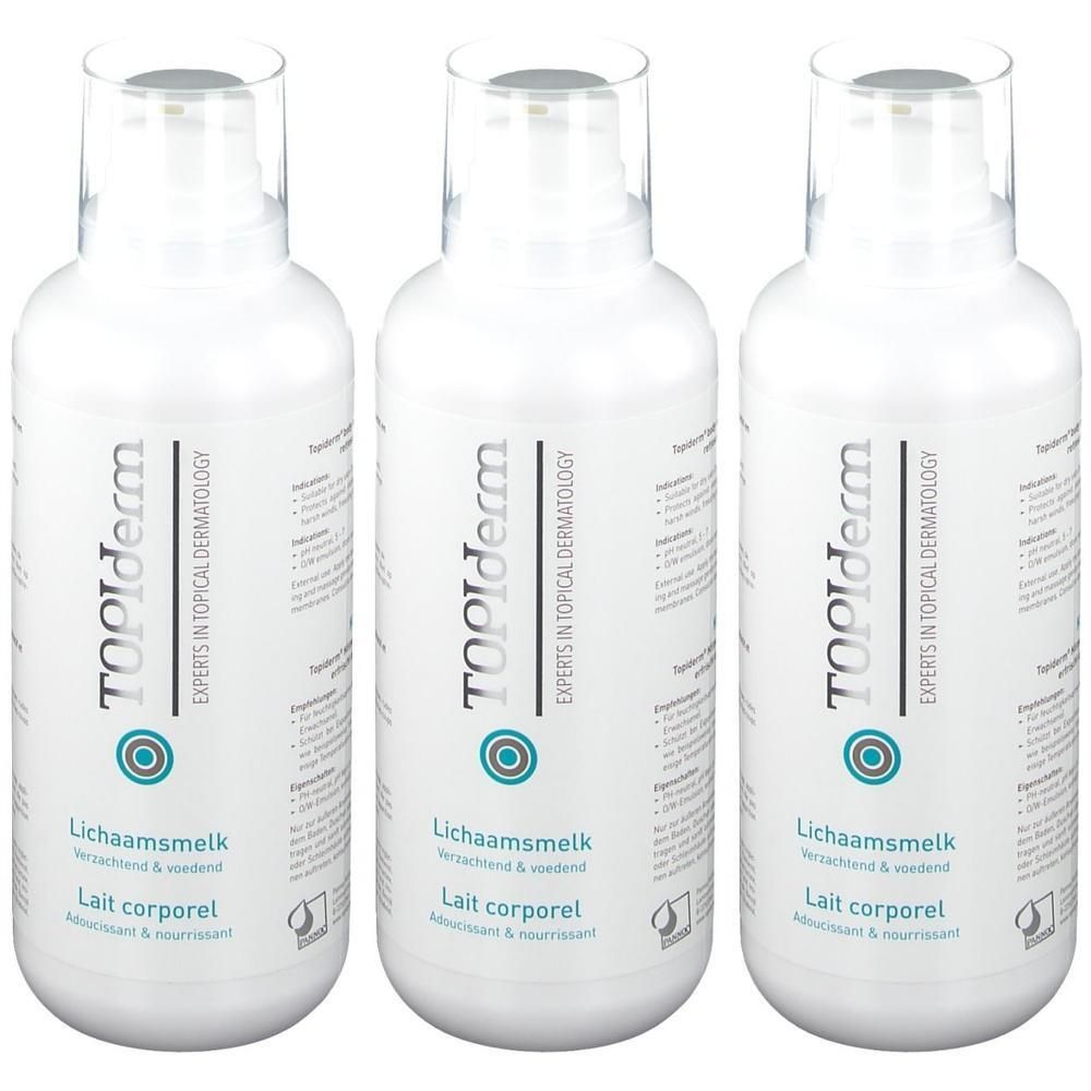 Trois flacons blancs avec vaporisateur. Chaque flacon porte l'inscription "Topiderm" et "Lait corporel".