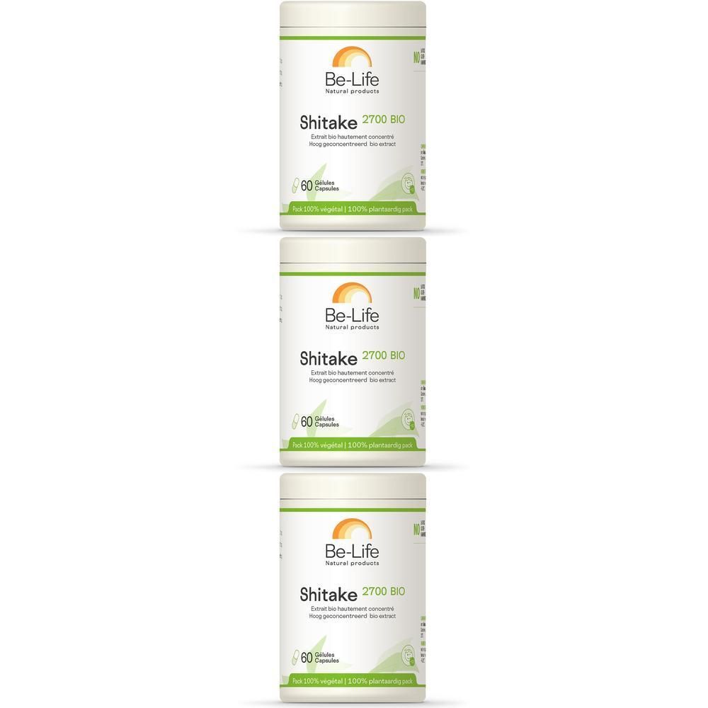 Drie witte potten met etiketten. Opschrift: Be-Life, Shitake 2700 BIO. 60 capsules. Groen-geel design.