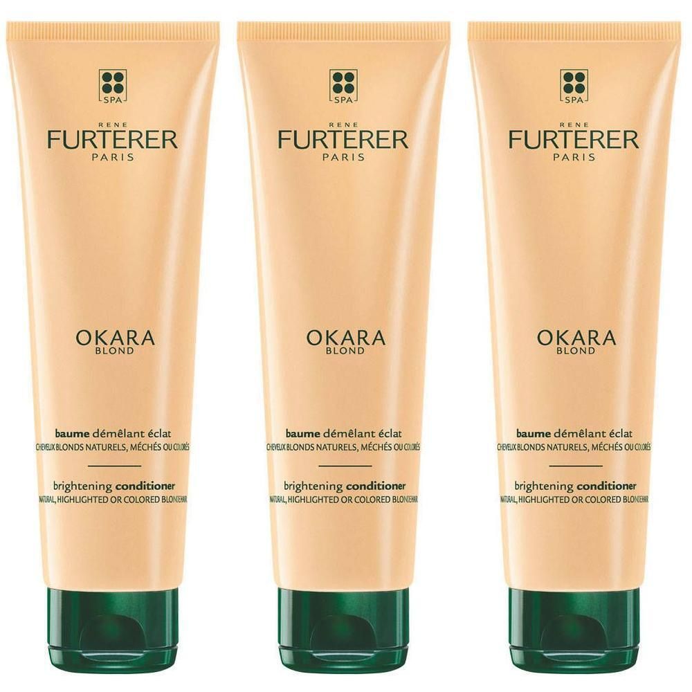 Trois tubes de Baume Démêlant Éclat Okara Blond. Tubes beiges avec bouchon vert. Inscription : René Furterer, Okara Blond.