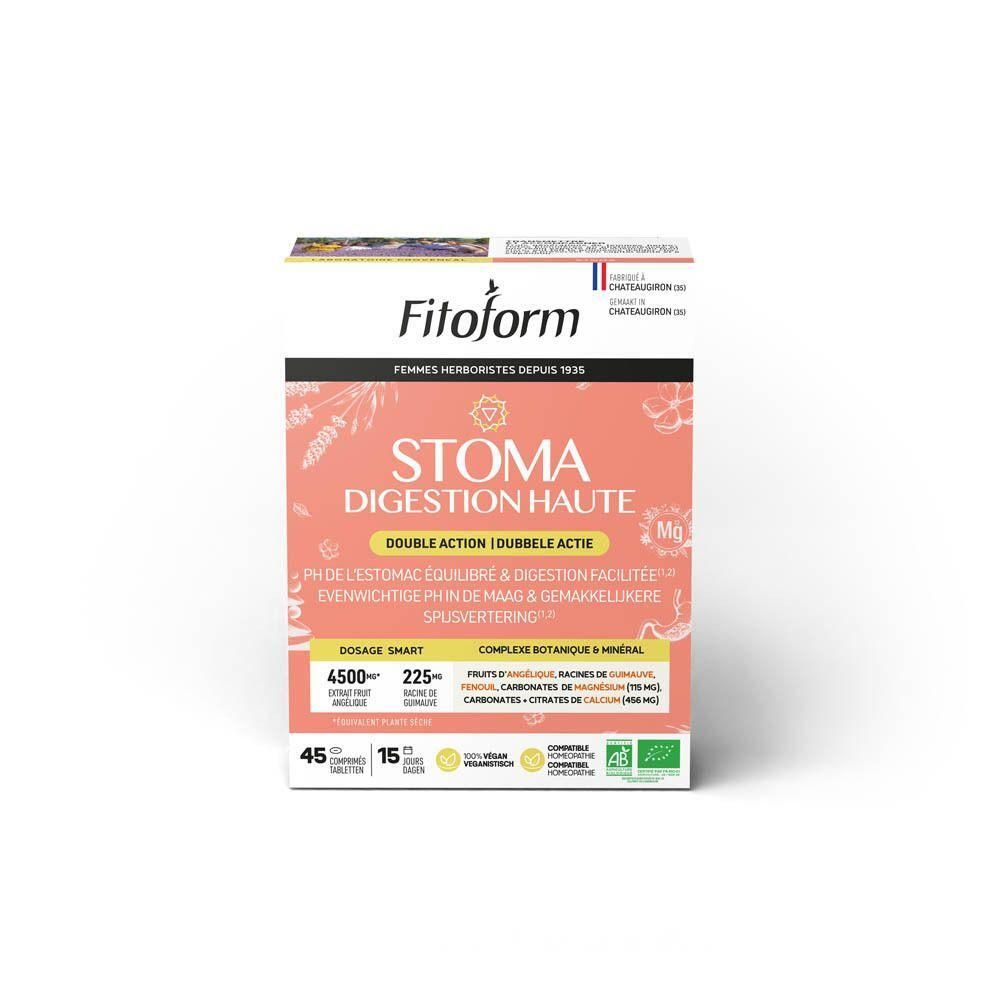 Boîte de produit "STOMA DIGESTION HAUTE". Double action. Complexe botanique et minéral. Certification bio. Ingrédients visibles.