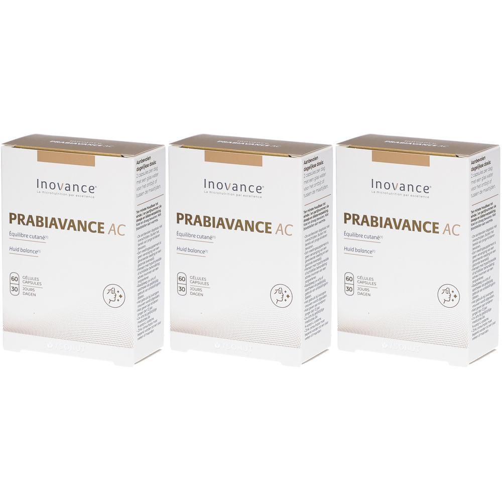 Drie rechthoekige dozen. Opschrift: Inovance, PRABIAVANCE AC, équilibre naturel. Elke doos geeft 60 capsules en 30 dagen aan.