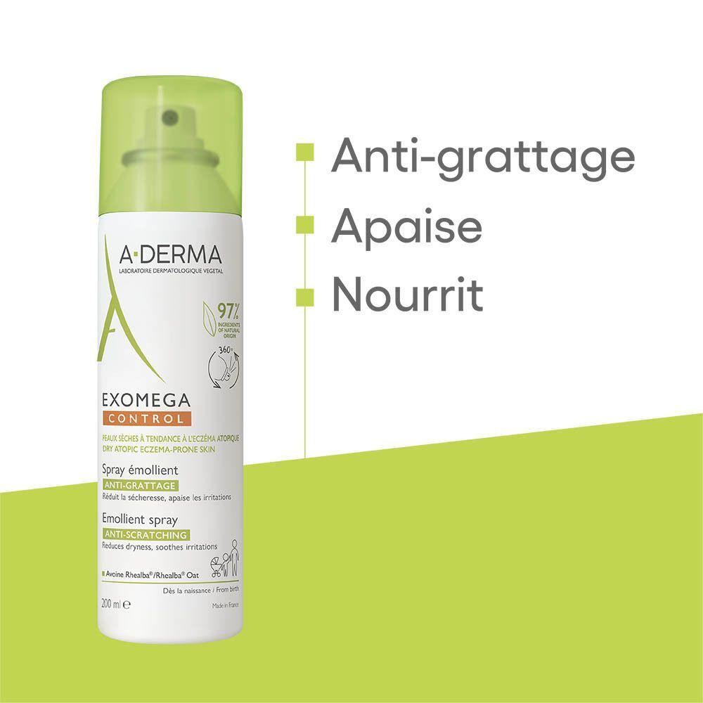 A-Derma Exomega Control Spray. Texte: Anti-grattage, Apaise, Nourrit.