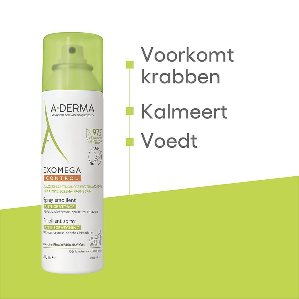 A-Derma Exomega Control Spray. Tekst: Voorkomt krabben, Kalmeert, Voedt.