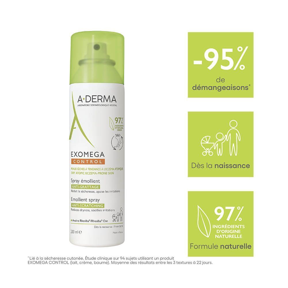A-Derma Exomega Control Spray. Texte: -95% de démangeaisons, Dès la naissance, 97% d'ingrédients d'origine naturelle.