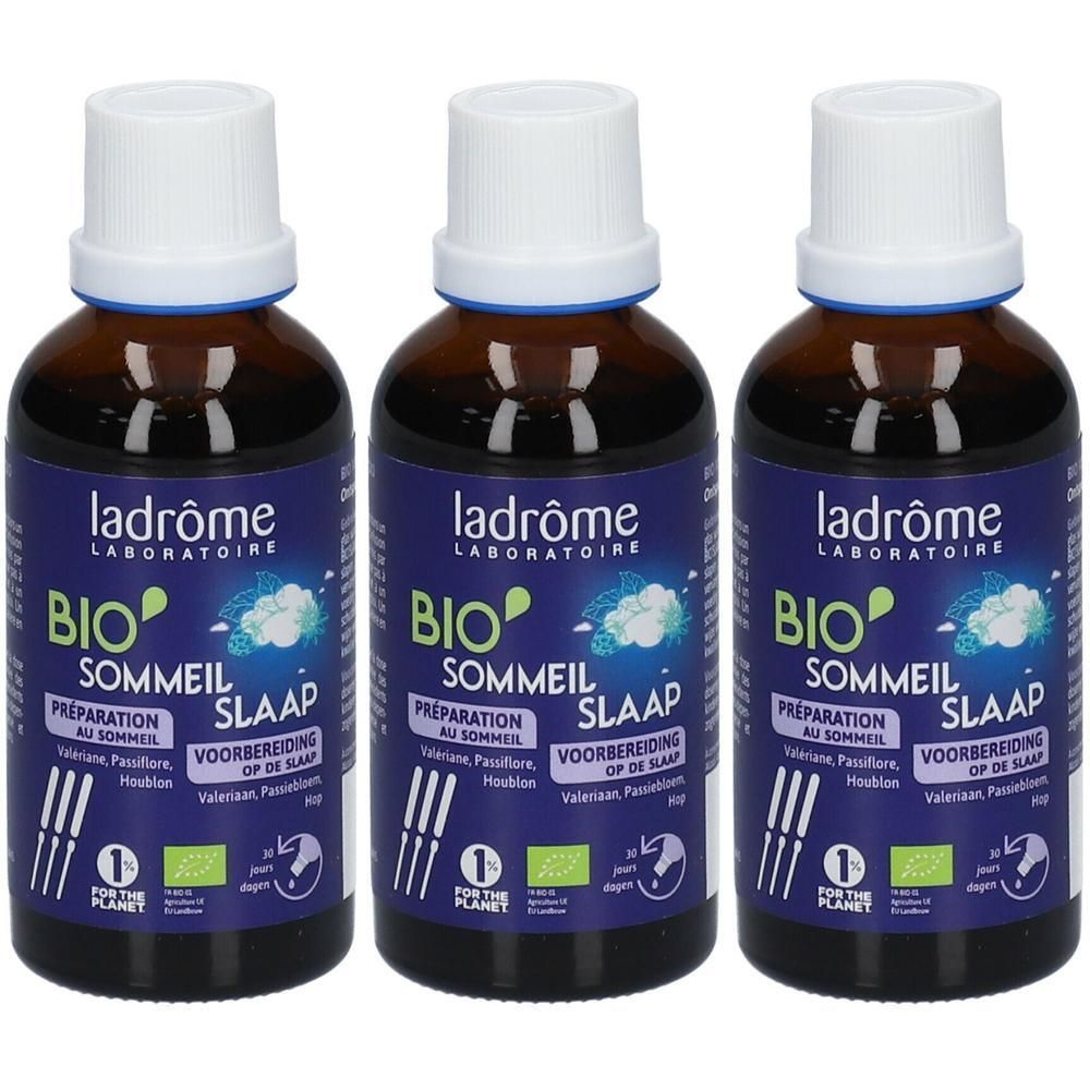 Trois flacons en verre brun avec bouchon blanc et étiquette bleue. Inscription : Ladrôme, Bio Sommeil. Avec label bio.