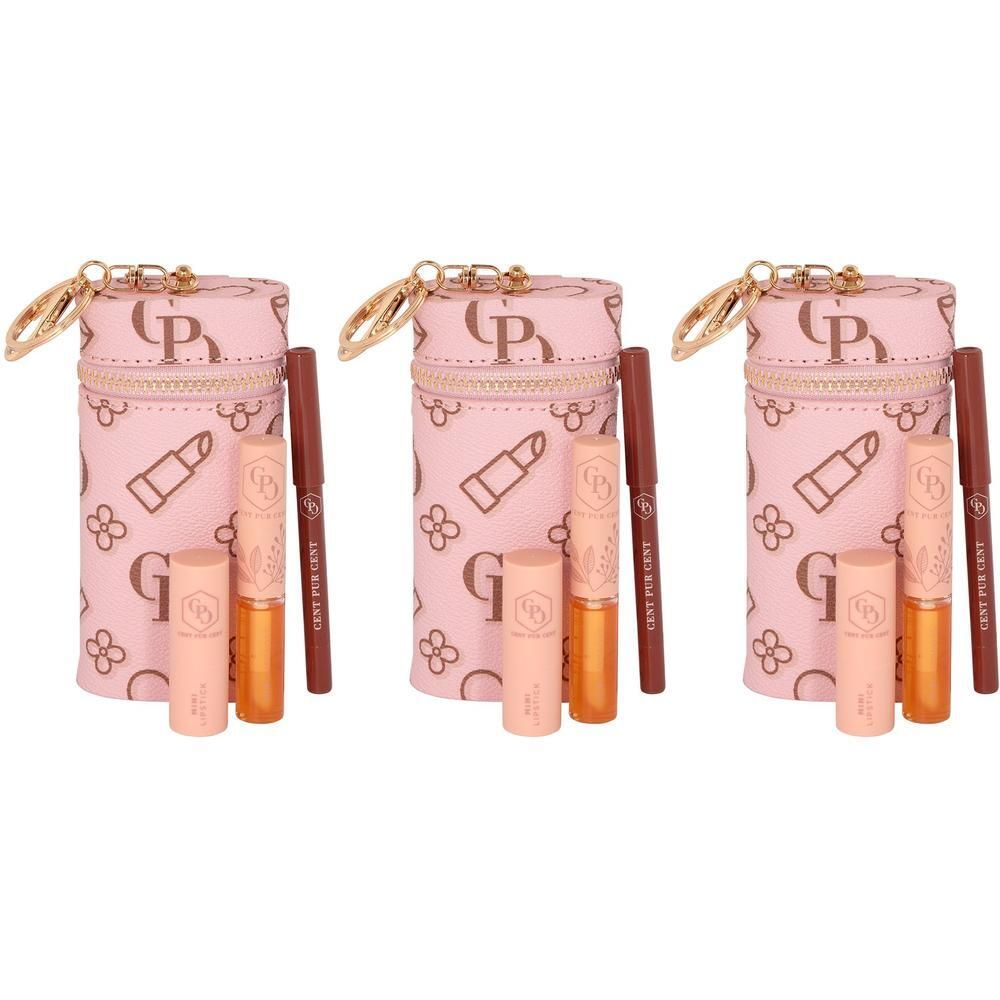 Trois kits de maquillage. Chaque kit comprend une trousse rose, un rouge à lèvres, un gloss et un crayon à lèvres brun.