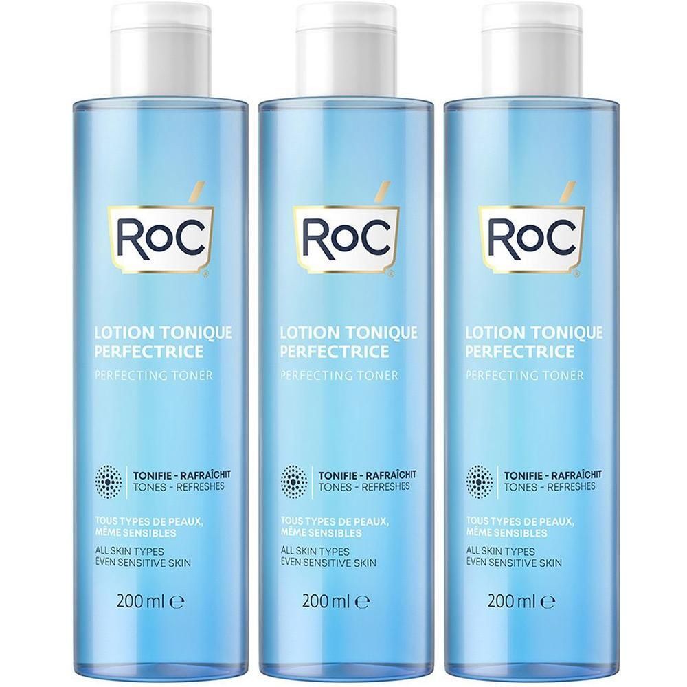 Drie flessen RoC Lotion Tonique Perfectrice. Lichtblauwe vloeistof, witte dop. Opschrift: RoC, Lotion Tonique Perfectrice, 200 ml.