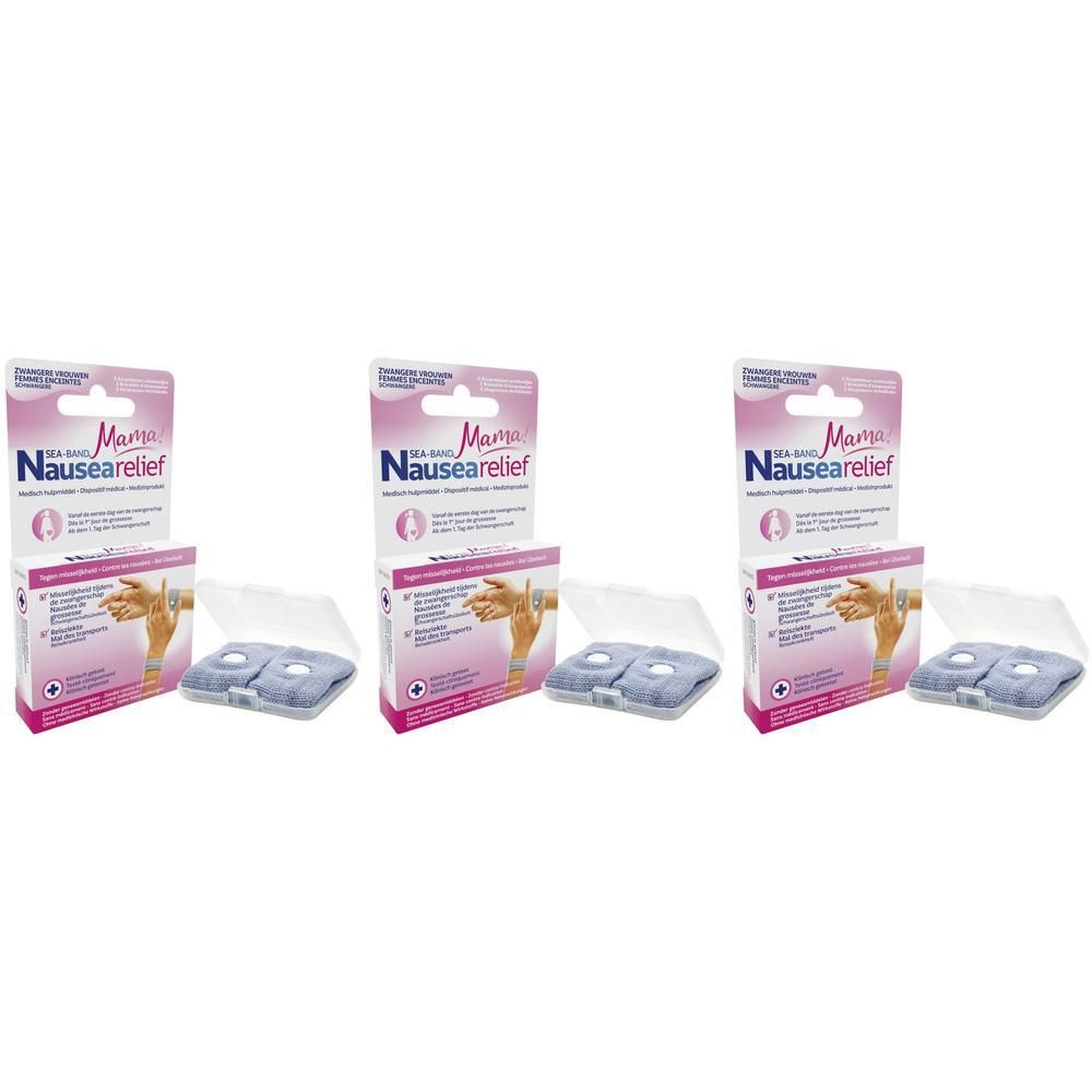 Trois boîtes de Sea-Band Mama Nausea Relief. Chaque boîte contient deux bracelets dans un étui transparent et un emballage.