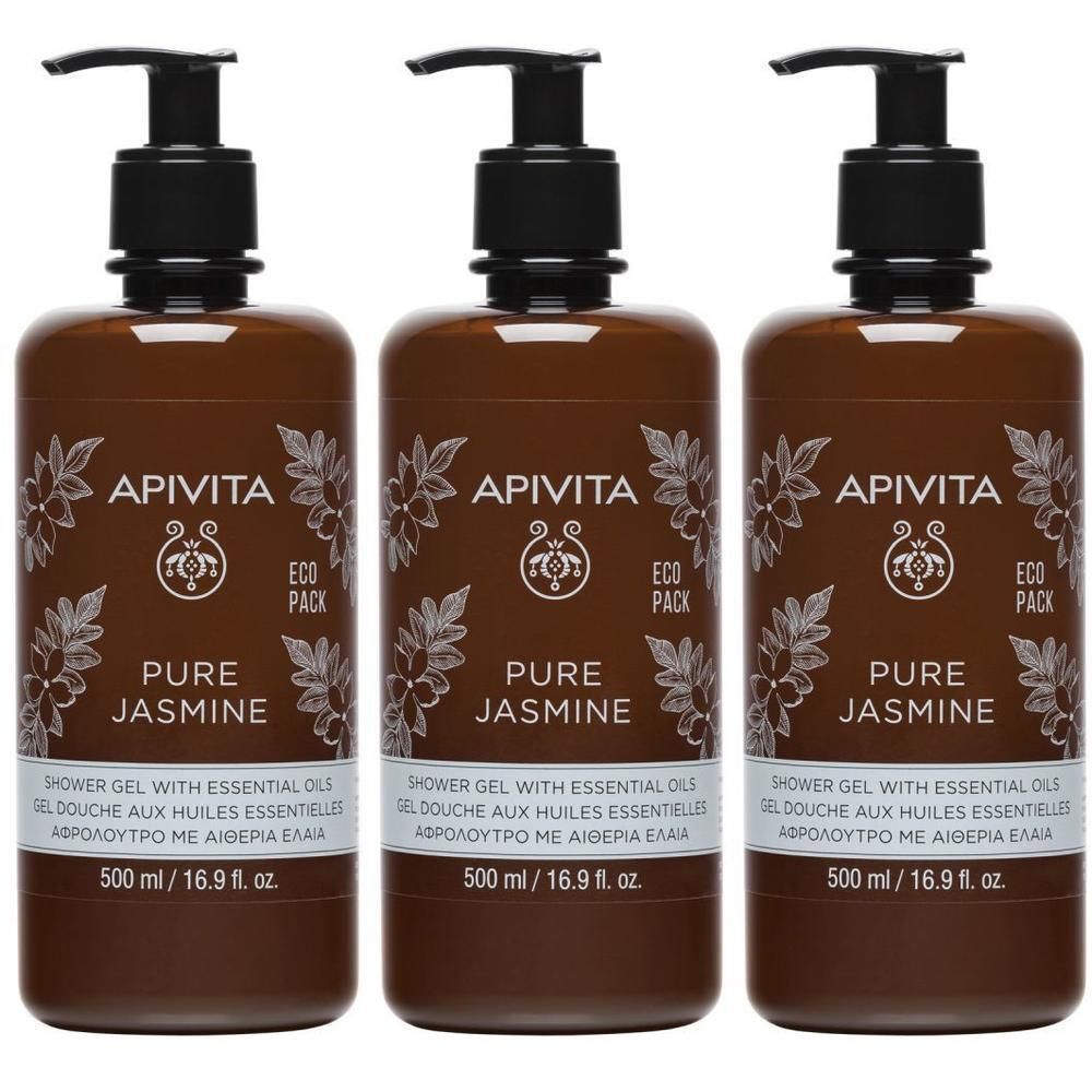 Drie bruine flessen met zwarte pompdeksel. Op elke fles staat "Apivita Pure Jasmine" en andere productinformatie.