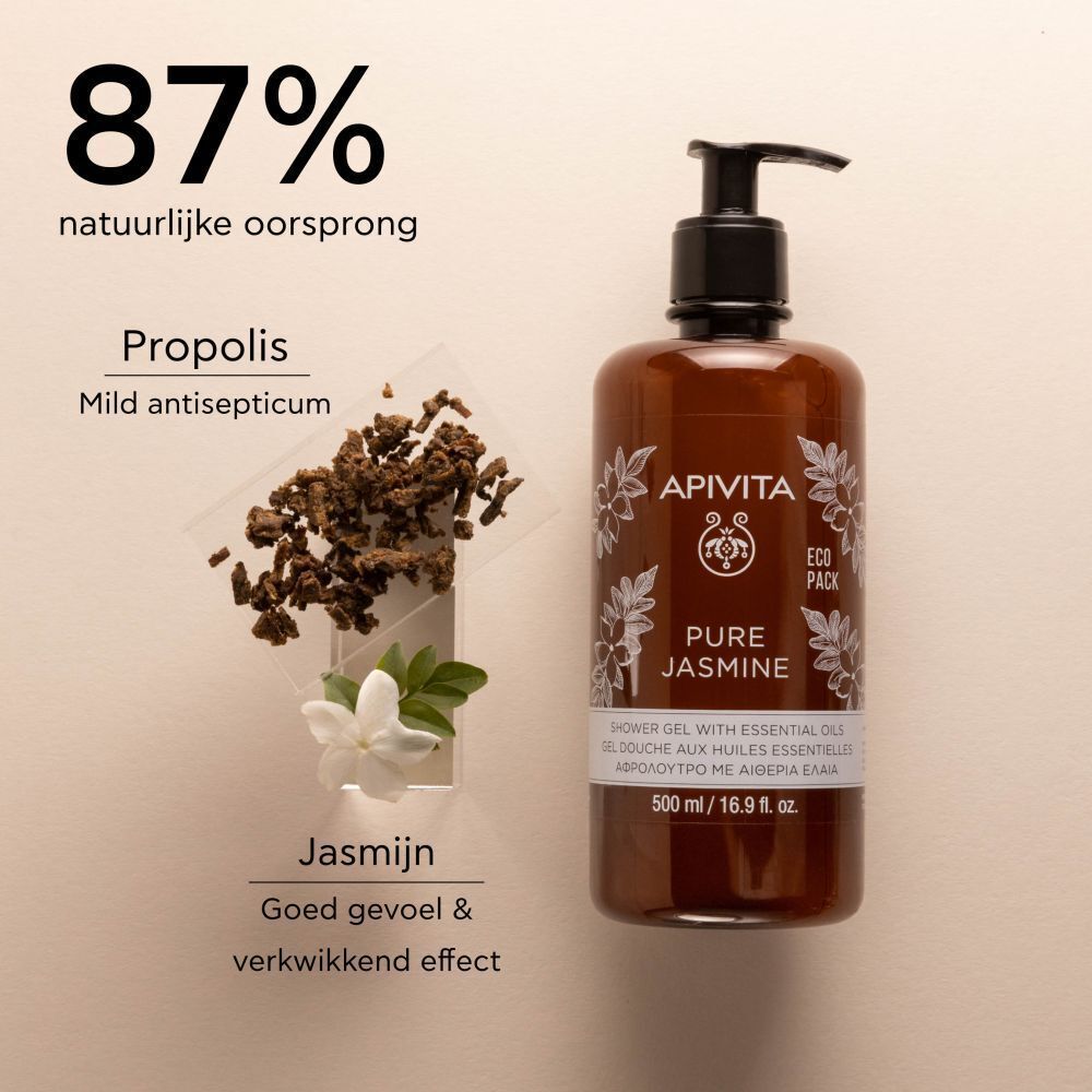 Bruine fles met zwarte pompdeksel. Jasmijnbloemen, propolis en tekst. Op de fles staat "Apivita Pure Jasmine".