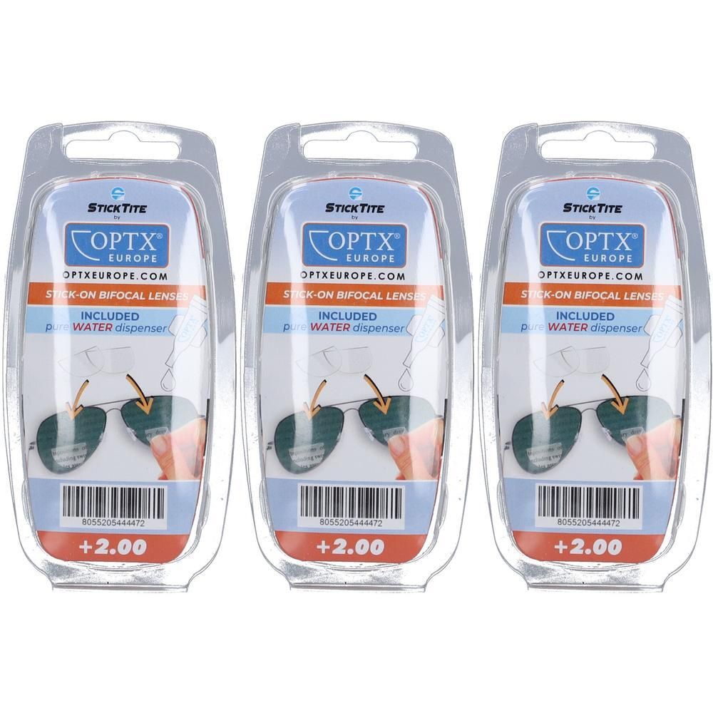 Trois emballages de lentilles bifocales StickTite OPTX. Chaque emballage contient des lentilles et un distributeur d'eau. +2.00 est indiqué.