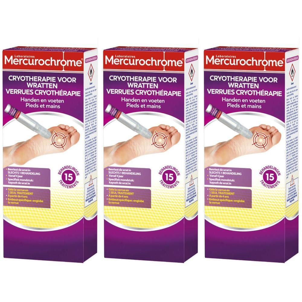 Drie verpakkingen Mercurochrome Cryotherapie. Elke verpakking toont een voet behandeld met een applicator. 15 behandelingen.