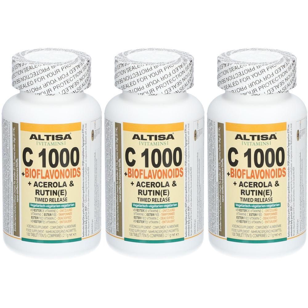 Drie witte flessen met etiketten. Opschrift: Altisa C 1000 + Bioflavonoïden + Acerola & Rutin(E). Afgesloten met zegel.